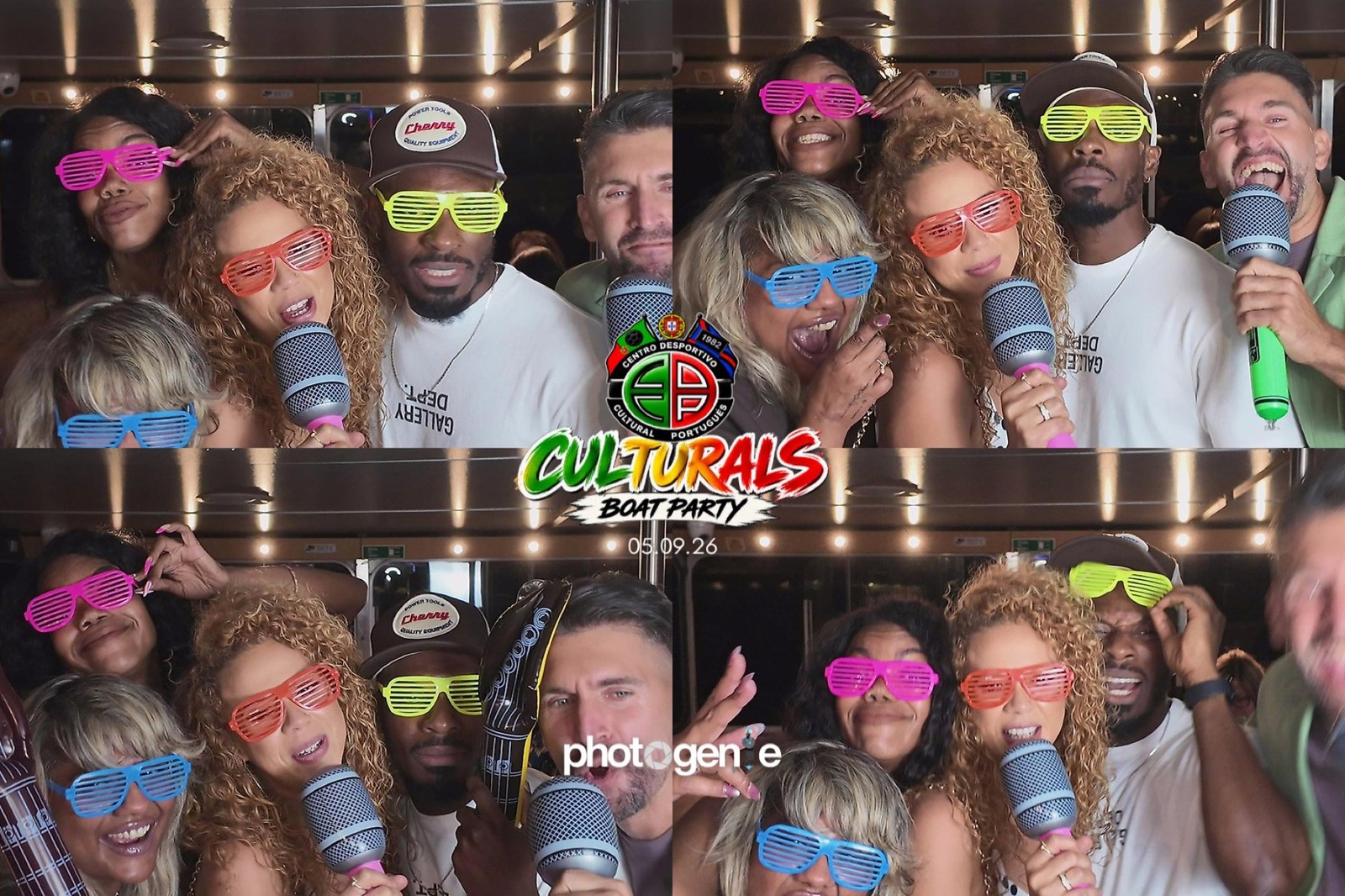 Group wearing neon glasses singing into microphones in front of the photo booth at a boat party