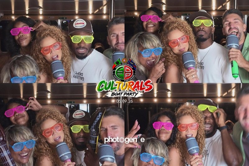 Group wearing neon glasses singing into microphones at a boat party photo booth