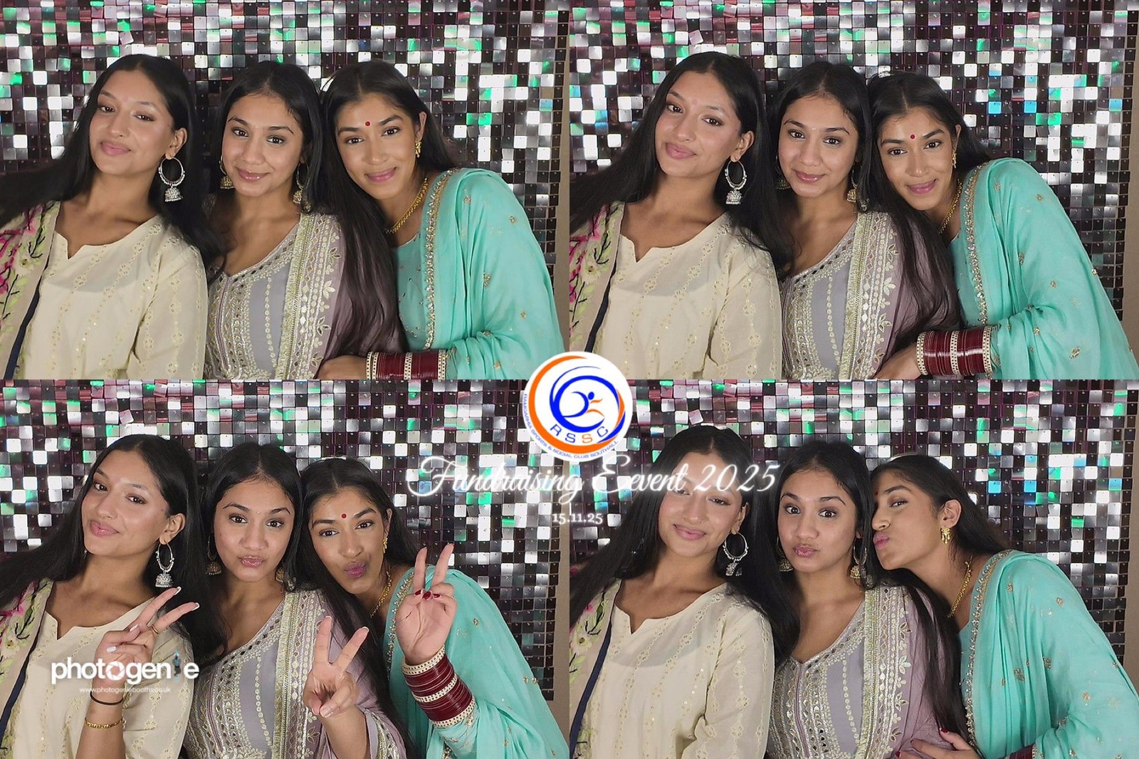 Guests posing at a PhotoGenieBooths sequin backdrop with printed photo strips at a fundraising event