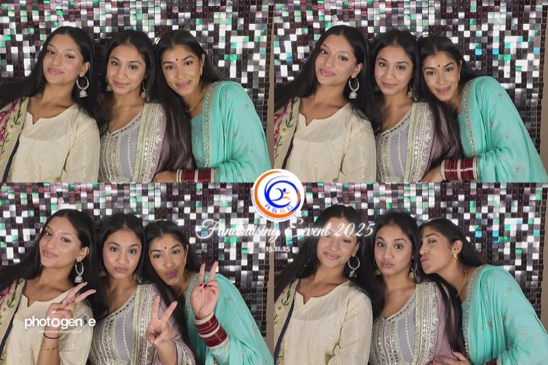 Guests posing at a PhotoGenieBooths sequin backdrop with printed photo strips